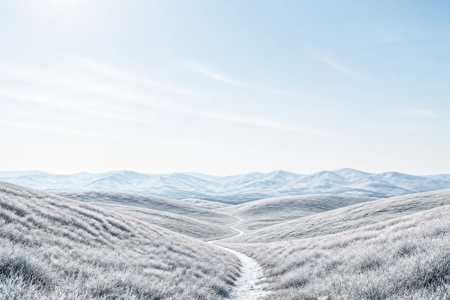 A winding path through pale alpine mountains and distant ice-blue ridges